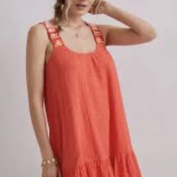 EUC {Anthro} Embroidered Pink Textured Ruffled & Tiered Orange Sundress | Small - Picture 10 of 15